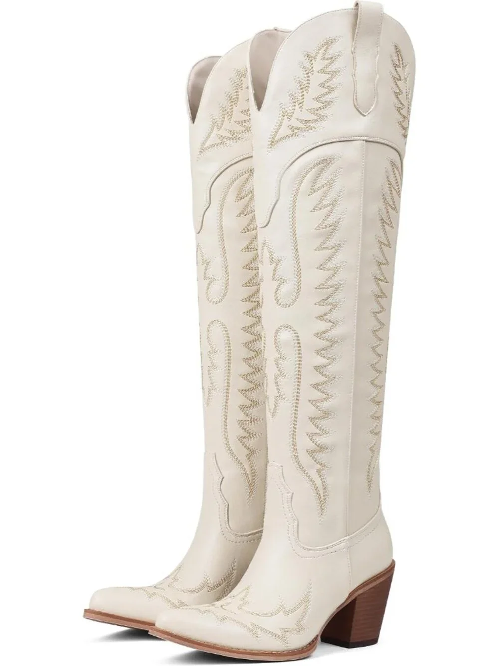 Women's Beige Embroidered Pointed Toe Western Cowgirl Over The Knee High Boots